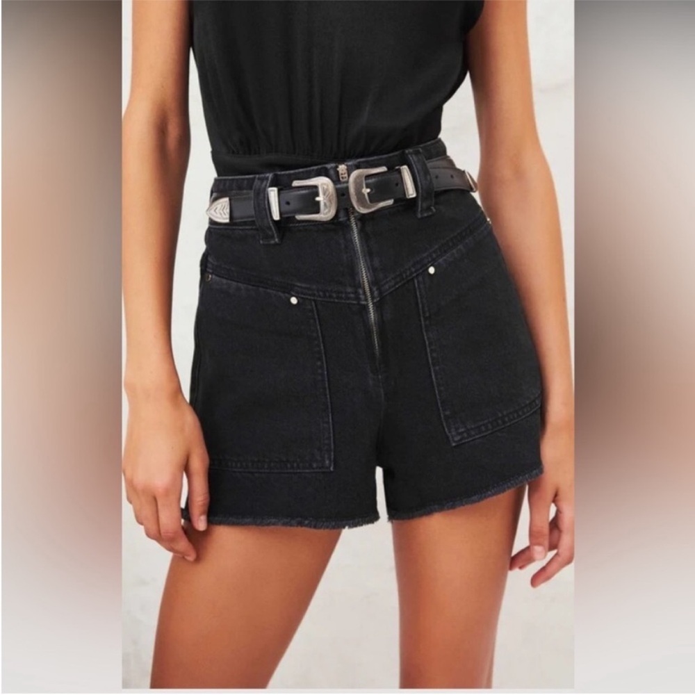 ba&sh Lady Denim Black High Waisted Zip Front Shorts